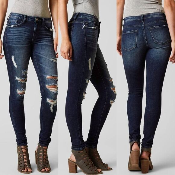 KANCAN Dark Wash Distressed Mid Rise Skinny Stretch Jeans 26 - Picture 1 of 11